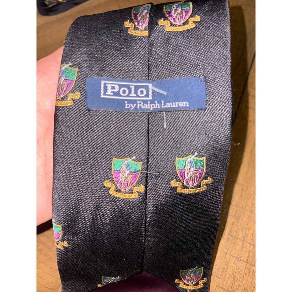 Polo Ralph Lauren Black Silk Tie with Embroidered Crest Pattern